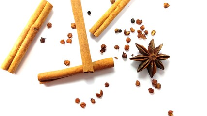 Cinnamon , Star anise , Pepper and other spices on white background
