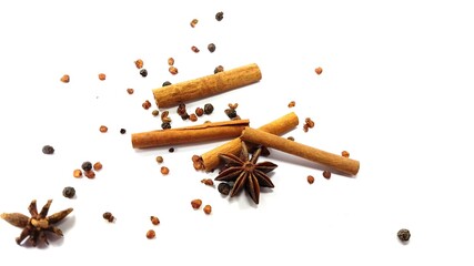 Cinnamon , Star anise , Pepper and other spices on white background