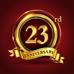 Celebrating 23rd golden anniversary, Design Logo of Anniversary celebration with gold ring and golden ribbon.