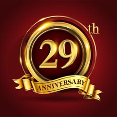 Celebrating 29th golden anniversary, Design Logo of Anniversary celebration with gold ring and golden ribbon.