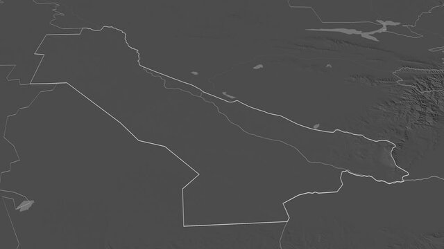 Chardzhou, province with its capital, zoomed and extruded on the bilevel map of Turkmenistan in the conformal Stereographic projection. Animation 3D