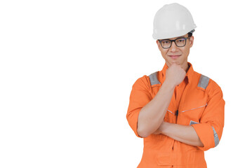 Asian confident and smart engineer man wearing coveralls suit and helmets for safety on offshore oil rig platform isolated white background.