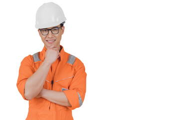 Asian confident and smart engineer man wearing coveralls suit and helmets for safety on offshore oil rig platform isolated white background.