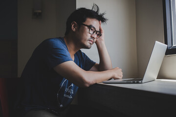 serious people frustrated exhausted work stress concept.asian woman holding hands on face feeling...