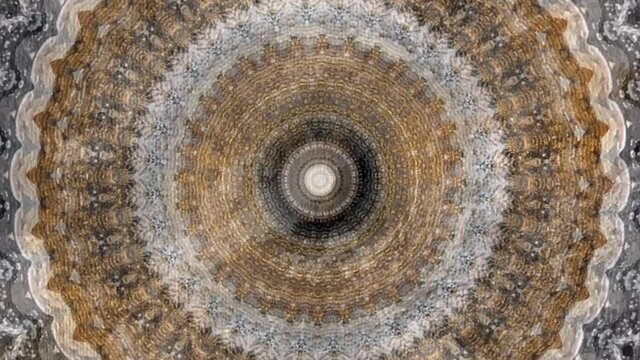 Stylish Gold Kaleidoscope Knitting Animation moving seamless footage in Nordic Style. Based on combination of Classic warm seamless knitted pattern. Psychedelic motion Flow.