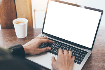 computer mockup image blank screen.hand woman work using laptop with white background for advertising,contact business search information on desk at coffee shop.marketing and creative design