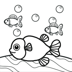 Cute cartoon 3 fish. Black and white vector illustration for coloring book