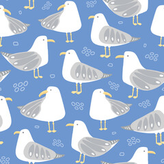 Seagull vector pattern design. Fun seaside bird seamless repeat background.