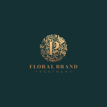 Letter P golden luxurious circle floral decorative logo