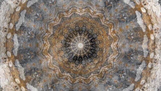 Stylish Gold Kaleidoscope Knitting Animation moving seamless footage in Nordic Style. Based on combination of Classic warm seamless knitted pattern. Psychedelic motion Flow.
