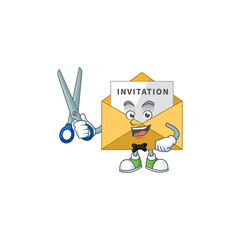 A picture of invitation message Barber cartoon character working with scissor