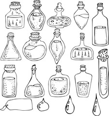 Vector illustration of a set of liquid bottles, label and drops in the Doodle style. Black outline on a white background. Concept of medicine, laboratory, chemistry, science, magic