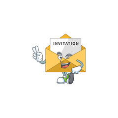 smiling invitation message cartoon mascot style with two fingers
