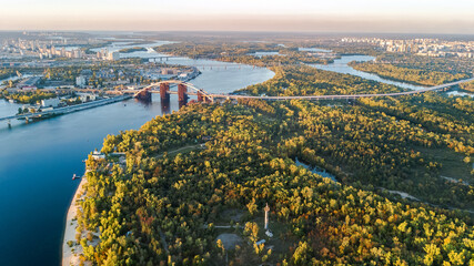 Aerial top view of Kyiv, Dnieper river and Truchaniv island from above, Kiev city skyline and Dnipro islands, Ukraine 