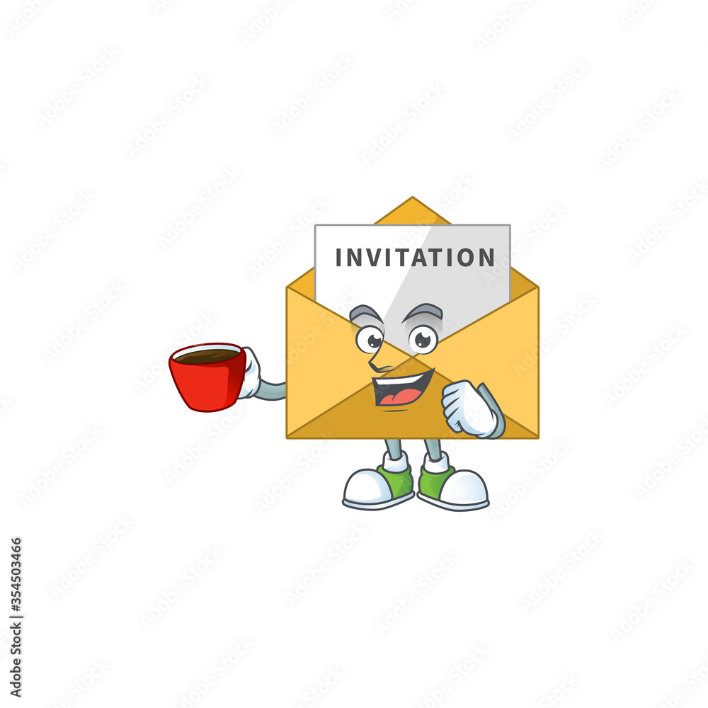 Canvas Prints A mascot design character of invitation message drinking a cup of coffee