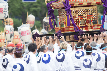 Chiba, Japan, 08/22/2019 , participants of the 893rd Myoken Big Festival transporting the Mikoshi,...
