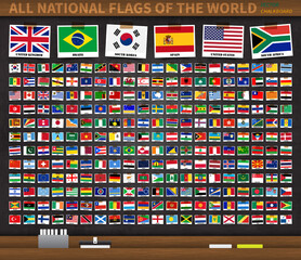 All national flags of the world on realistic black color chalkboard background . Country flag with name was attached by adhesive tape . Vector .