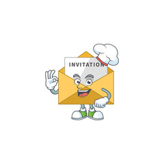 Invitation message chef cartoon drawing concept proudly wearing white hat