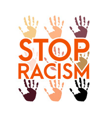 Stop racism icon. Motivational poster against racism and discrimination. Many handprints of different races together . Vector Illustration