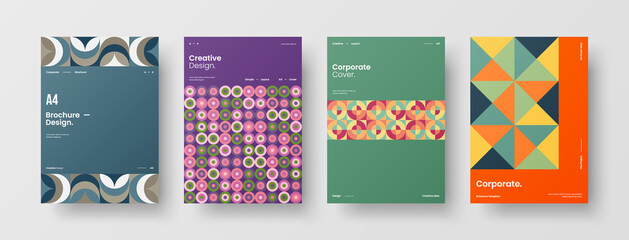 Fototapeta premium Company identity brochure template collection. Business presentation vector A4 vertical orientation front page mock up set. Corporate report cover abstract geometric illustration design layout bundle.