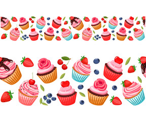 cupcake banner. Cute vector illustration in cartoon style. isolated on white background