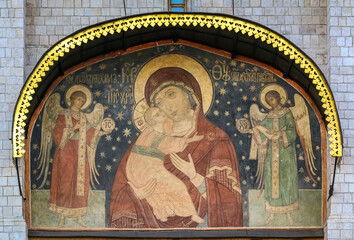 Front door with ancient orthodox icons of the Assumption or Dormition Cathedral of the Moscow Kremlin in Moscow, Russia