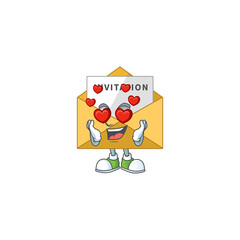 An adorable invitation message cartoon mascot style with a falling in love face