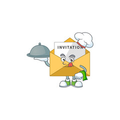 A invitation message chef cartoon mascot design with hat and tray