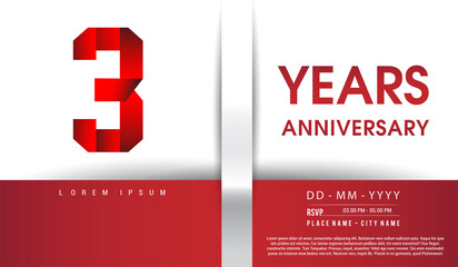 3rd Years Anniversary celebration logo, flat design isolated on red and white background, vector elements for banner, invitation card and birthday party.