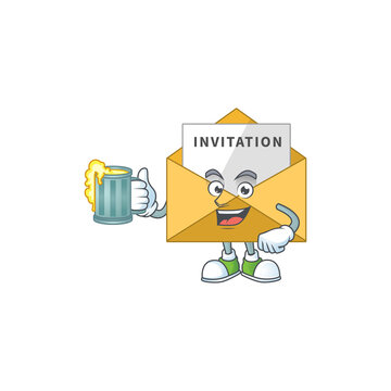 A cheerful invitation message cartoon mascot style toast with a glass of beer