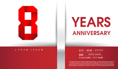 8th Years Anniversary celebration logo, flat design isolated on red and white background, vector elements for banner, invitation card and birthday party.
