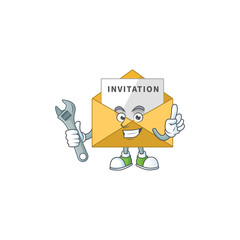 A smart mechanic invitation message cartoon mascot design fix a broken machine
