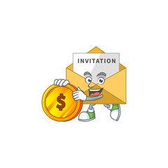 cartoon picture of invitation message rich character with a big gold coin