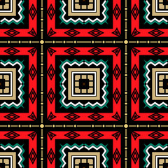 Tribal colorful plaid vector seamless pattern. Ethnic tartan background. Repeat geometric striped backdrop. Colorful symmetrical ornament with geometry shapes, rhombus, zig zag lines, squares, frames