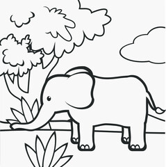 Cute elephant. Black and white vector illustration for coloring book