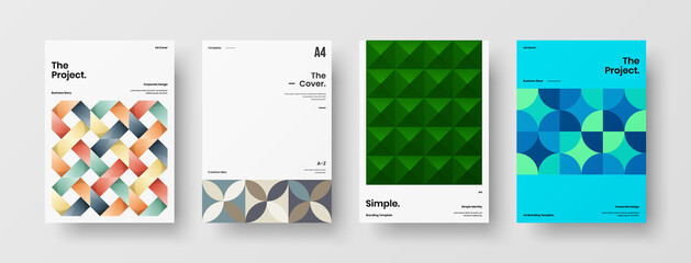 Fototapeta premium Company identity brochure template collection. Business presentation vector A4 vertical orientation front page mock up set. Corporate report cover abstract geometric illustration design layout bundle.