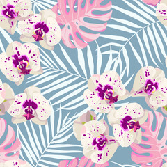 Vector tropical leaves and flowers seamless pattern. Hand painted illustration with orchids phalaenopsis