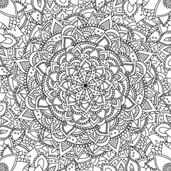 Square black and white hand drawn outline vector flower mandala colouring page for children, adults. Zentangle line art for meditation. Monochromic yoga print with plenty of details. EPS10, editable. 