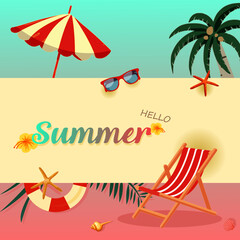 Hello Summer tropical pink and blue pastel color concept with deck chair, life buoy, palm tree, umbrella, sunglasses, flower, starfish at the beach. For Label summer sale, template, banner, billboard