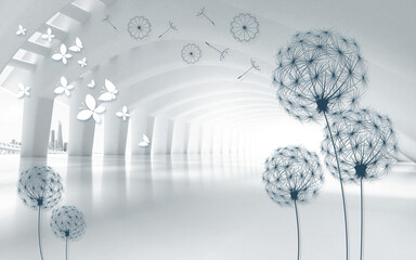 Fototapety  ilustracja 3d, biały tunel, widok miejski, ciemne kontury dmuchawców i białe papierowe motyle