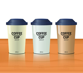 set of paper or plastic coffee cup mockup on wooden background with transparent reflect on floor use for your design vector illustrations