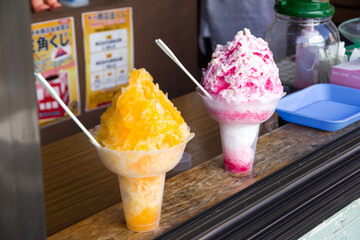 katsuura, chiba, japan, 09/01/2019 , kakigoori, or kakigori, shaved ice served with sweet fruit syrup in Japan.