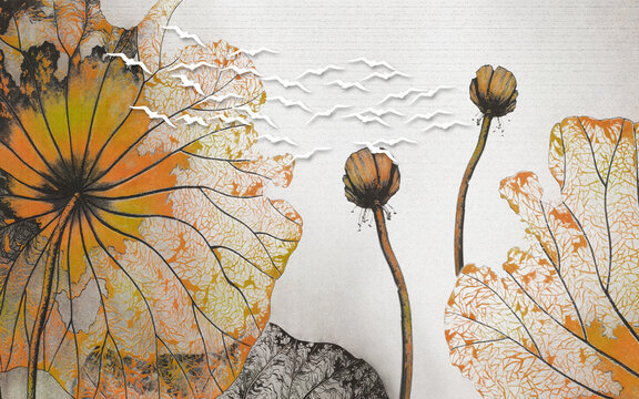 3d illustration, gray textured background, large orange leaves of a water lily, a flock of white birds © TimKats