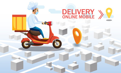 Safe delivery COVID-19 coronavirus epidemic. Courier in a cook suit and protective medical mask delivers goods