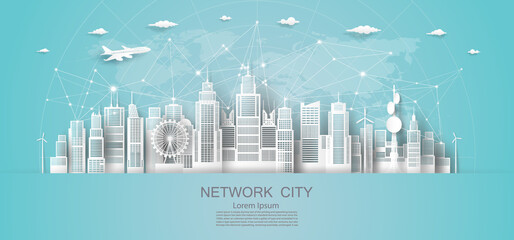 Modern economic technology city network in downtown skyscraper background.