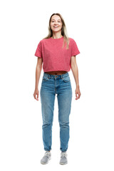 Fototapeta premium Smiling young girl in a red tank top and jeans. Full height. Isolated on a white background. Vertical.