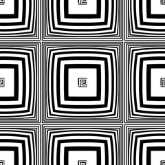 Geometric vector seamless pattern. Radial squares background. Repeat  square shapes backdrop. Greek symbols, stripes, lines. Abstract geometrical black and white modern ornament. Endless texture