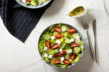 Delicious salad of fresh vegetables and feta. View from above