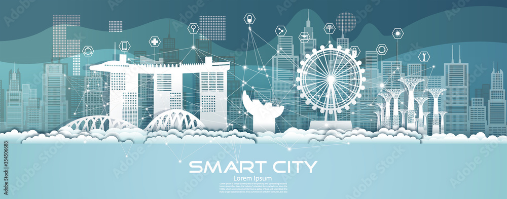 Wall mural technology wireless network communication smart city with architecture in singapore.