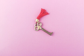 Gold metal key on light pink base, top view